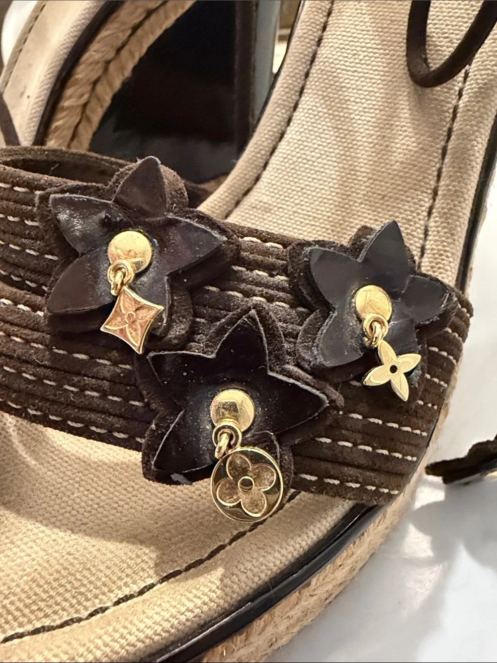 Women's Brown Espadrille Wedge Sandals with Floral Charms - Picture 2 of 8